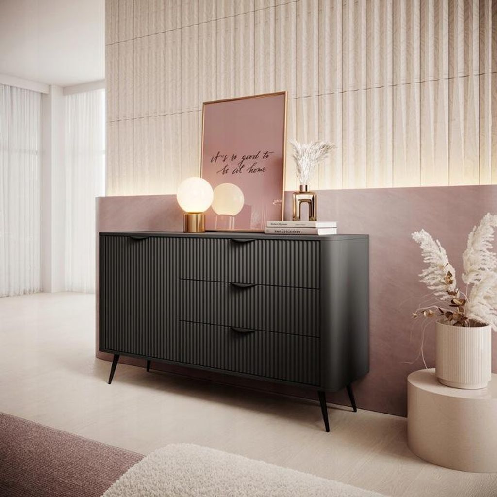 Kommode LANTE 140 – Schwarz, 3 gerillte Schubladen, Produktbild 