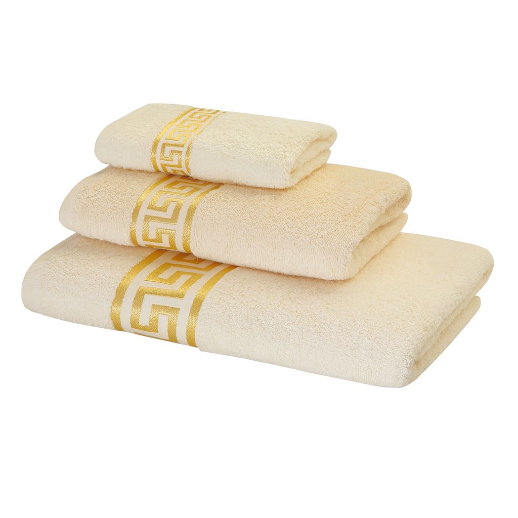 3er SET - Mäander Handtücher Duschtücher Gästetücher Flauschige Frottee 100% Baumwolle Beige-Gold 30x50 + 50x100 +70x140 cm