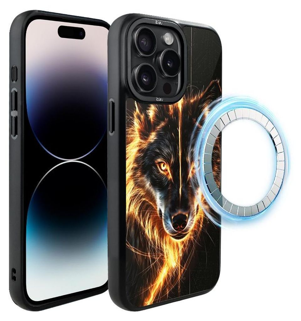 Schutzhülle für das iPhone 14 Pro, MagSafe-kompatibel, mattschwarze Seiten, Wolf, Feuer