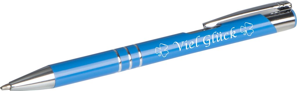 Kugelschreiber mit Gravur "Viel Glück" / aus Metall / Farbe: mittelblau
