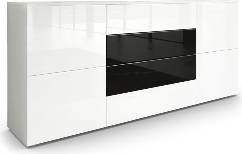 Vladon Sideboard Rova, Germany, Kommode mit 4 Türen und 4 Schubladen, Weiß matt/Weiß Hochglanz/Schwarz Hochglanz (166 x 72 x 35 cm)