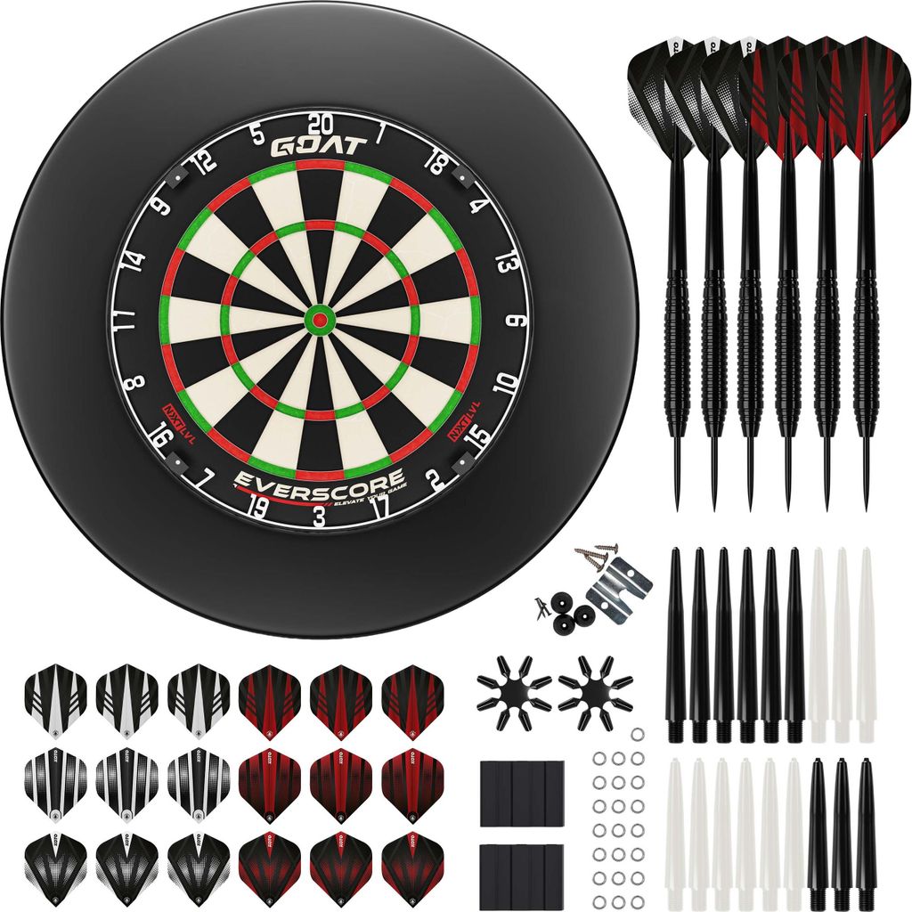 GOAT – Everscore NXT LVL Steeldartscheibe Set Blau, Inkl. Dart Surround (12 cm) & KOTO Dartpfeile Accessory Kit Steeltip Black 90 Pieces, Profess...
