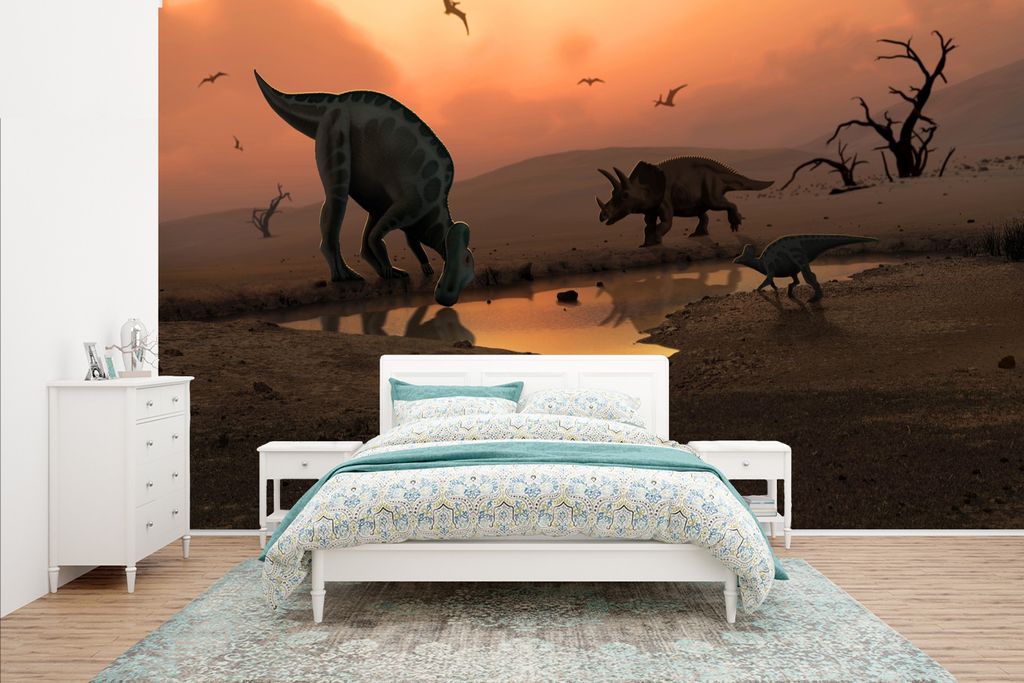 MuchoWow Fototapete für Wohnzimmer oder Schlafzimmer Wandtapete Vinyl Motivtapete Dinosaurier - Wilde Tiere - Zeichnung - Kinder - Kind - 435x26...