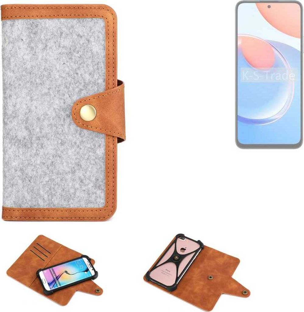 K-S-Trade Handyhülle kompatibel mit Honor Play 8T Schutzhülle Filz-Hülle Kunst-Leder hellgrau braun (1x)