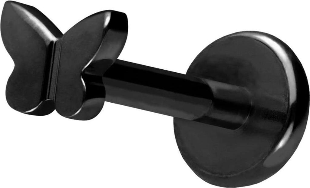 Ohrpiercing, Nasenpiercing Titan Labret mit Push Fit SCHMETTERLING Schwarz Stablänge: 9mm | Stabstärke: 1mm | Discgröße: 3,5mm