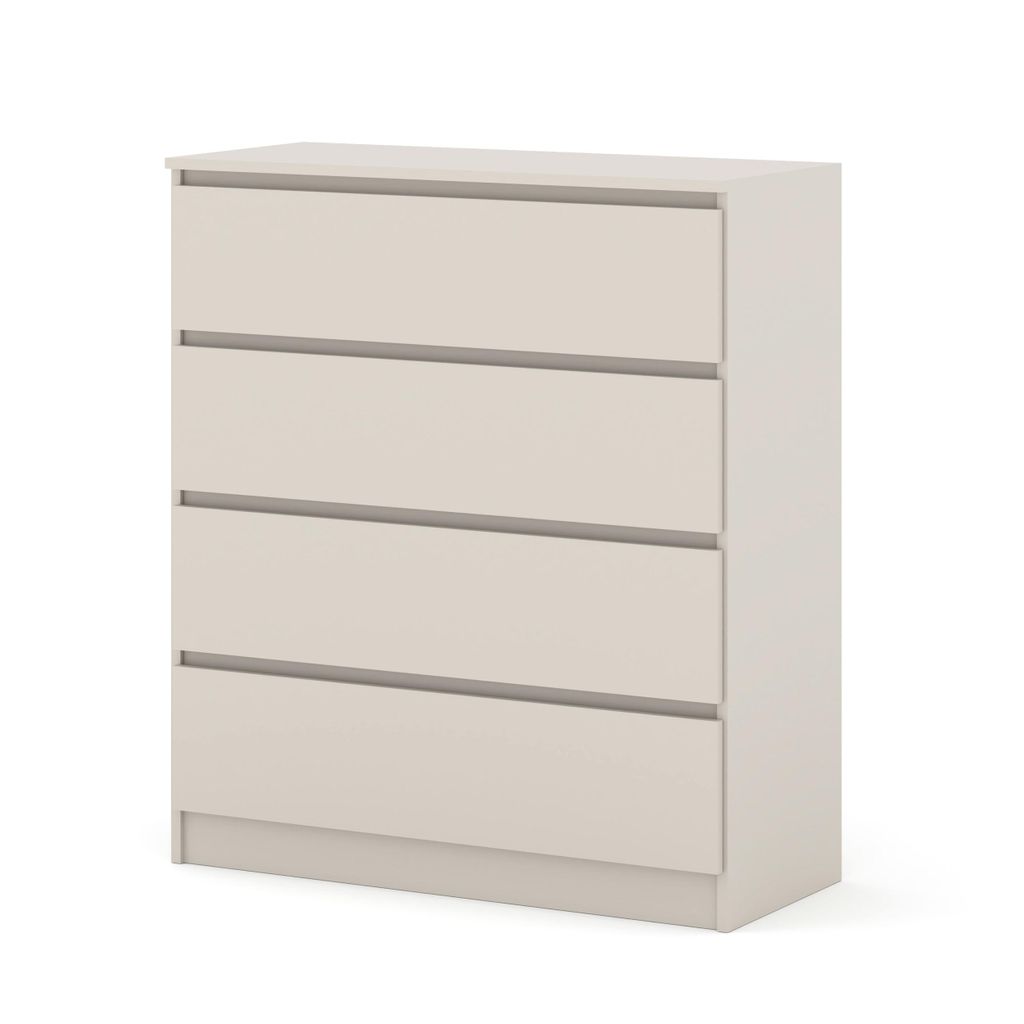 A beige chest of drawers with four drawers, shown from the front on a white background.