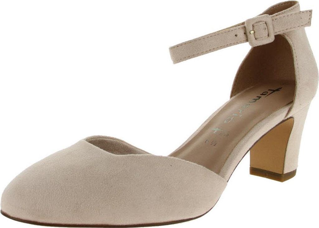 A single beige pump shoe with an ankle strap is shown against a white background.