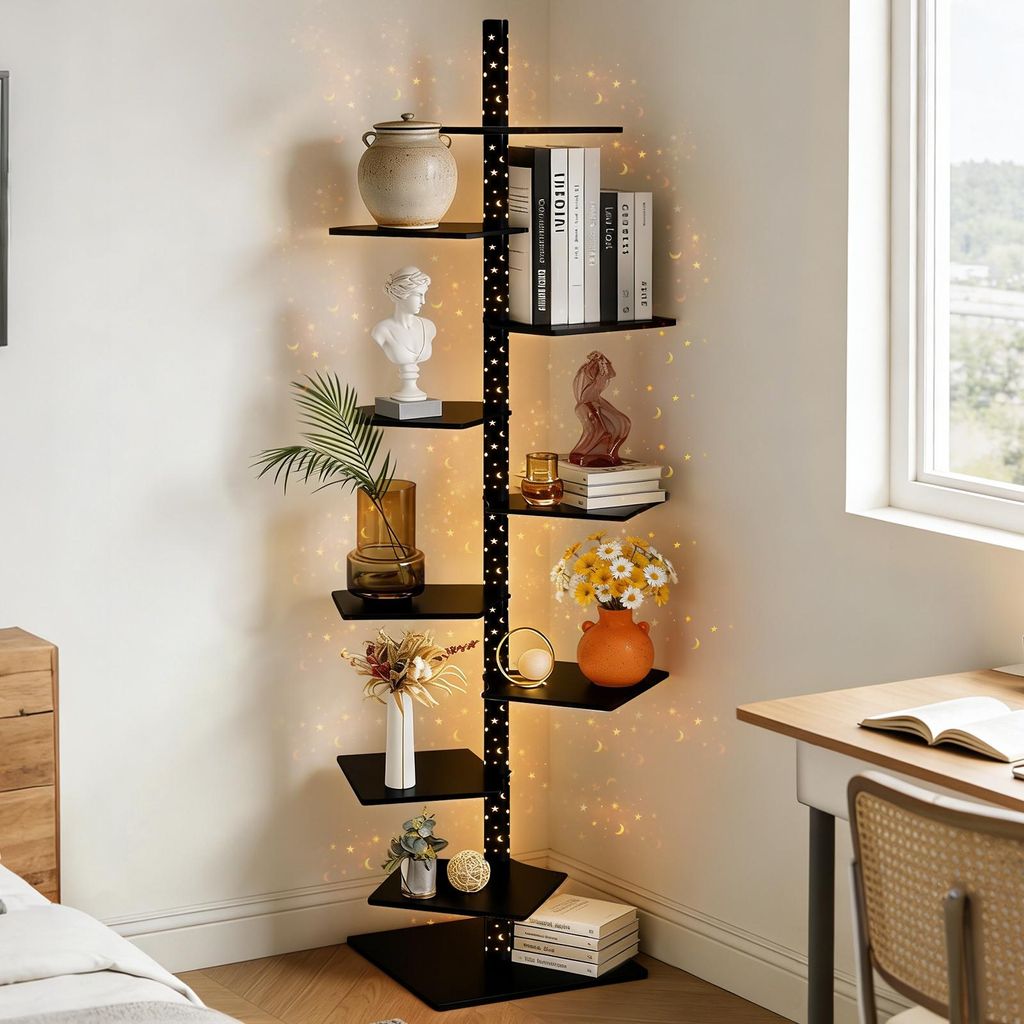 9Etagen 180x38x38cm Standregal Bücherregal Bodenstehendes Regal Vertikaler Drehbares Bücherturm Regale LED Stern Mond Effekt Wohn Schlafzimmer Sc...