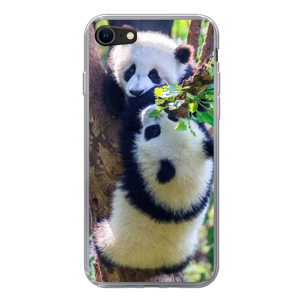 MuchoWow Handyhülle Schutzhülle Hülle für iPhone SE 2020 Pandas - Baum - Natur Silikon Softcase Handy Hülle - Kartenbesitzer