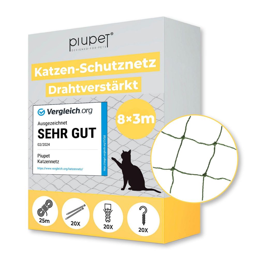 PiuPet Katzennetz Drahtverstärkt I 8x3m I Grün I Befestigungsset inklusive I Katzennetz für Balkon | Katzengitter Fenster | Katzen Fensterschutz