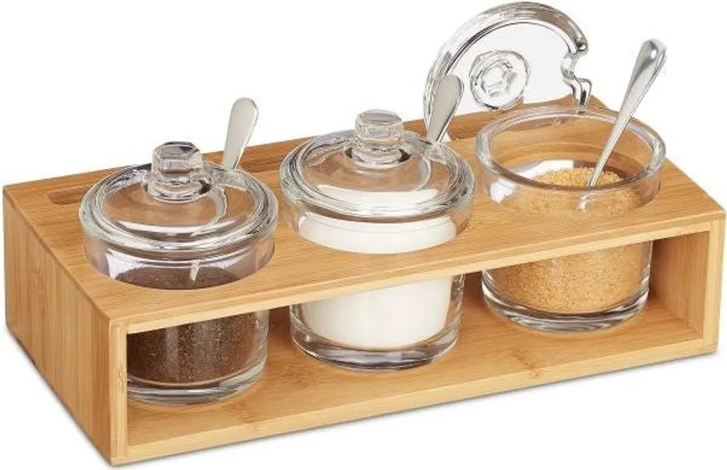 Set 3 Barattoli Spezie in Vetro con Supporto in Bambù | Cucina Ordinata