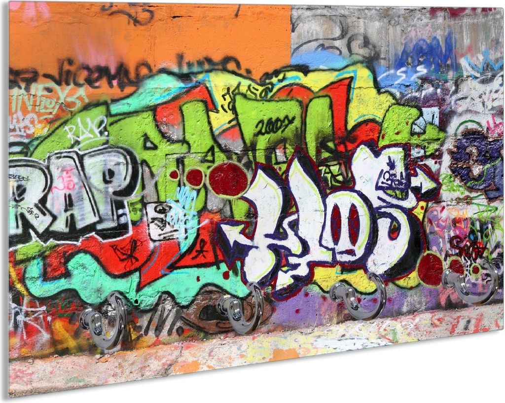 Wallario Handtuchhalter aus Glas, Motiv: RAP-Graffiti- Wand mit verschiedenen Tags, 30 x 20 cm mit 4 Haken