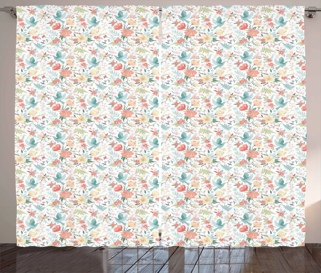 ABAKUHAUS Tenda 280x175 cm Uccelli e Fiori Rustica con Ganci