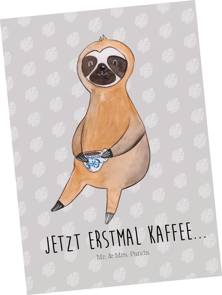Mr. & Mrs. Panda Postkarte Faultier Kaffee - Grau Pastell - Geschenk, Grußkarte, Morgenmuffel, Ansichtskarten, Fotokarte, Kaffeetasse, Postkarten,...