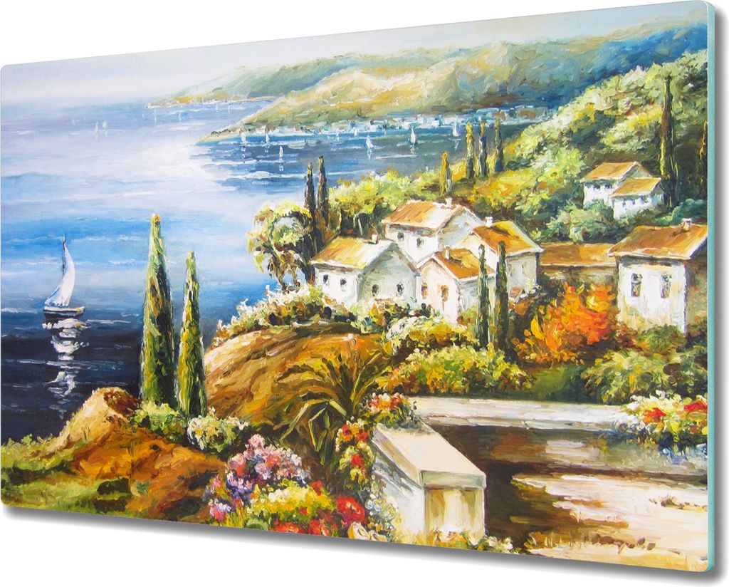 Coloray Herdabdeckplatte 80x52 cm Schneidebrett Kochplattenabdeckung Küchenbrett Hackbrett - Coast Dorf Boote Blumen