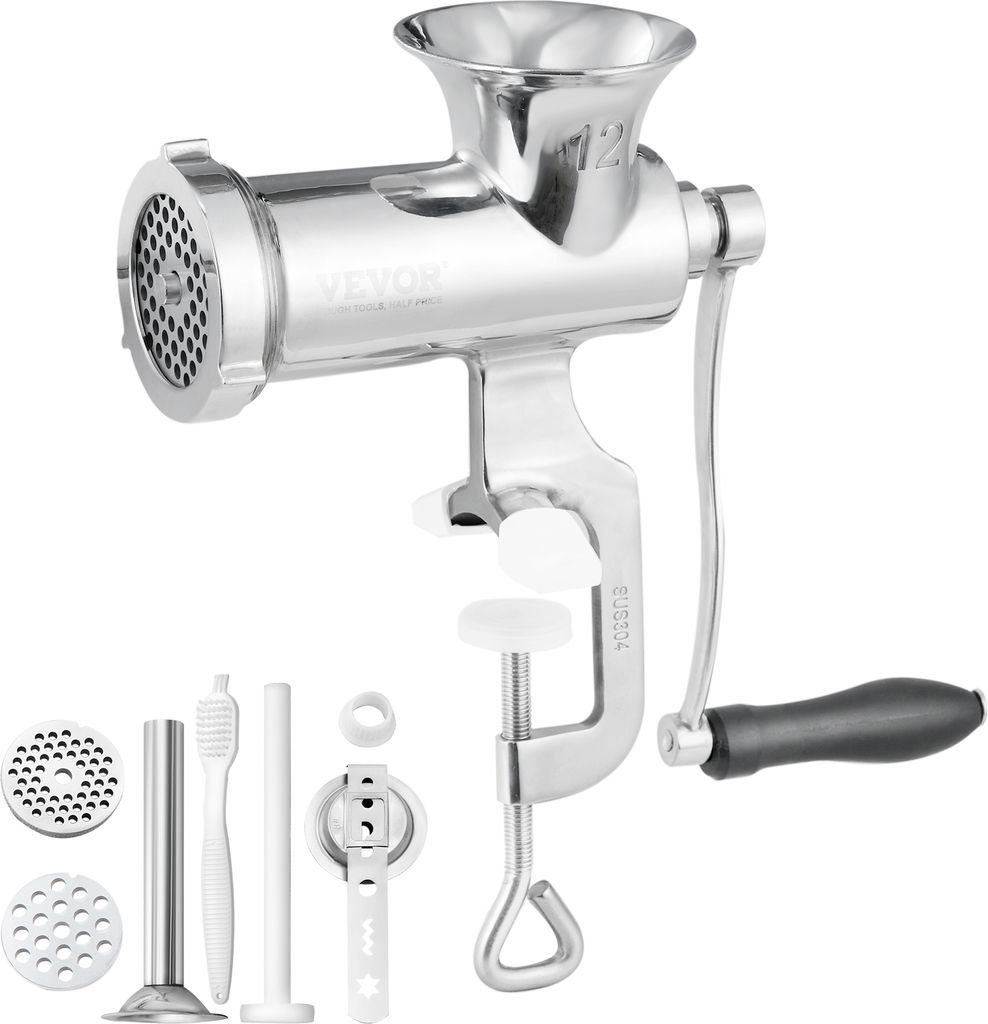 A manual meat grinder with various attachments, displayed on a white background.