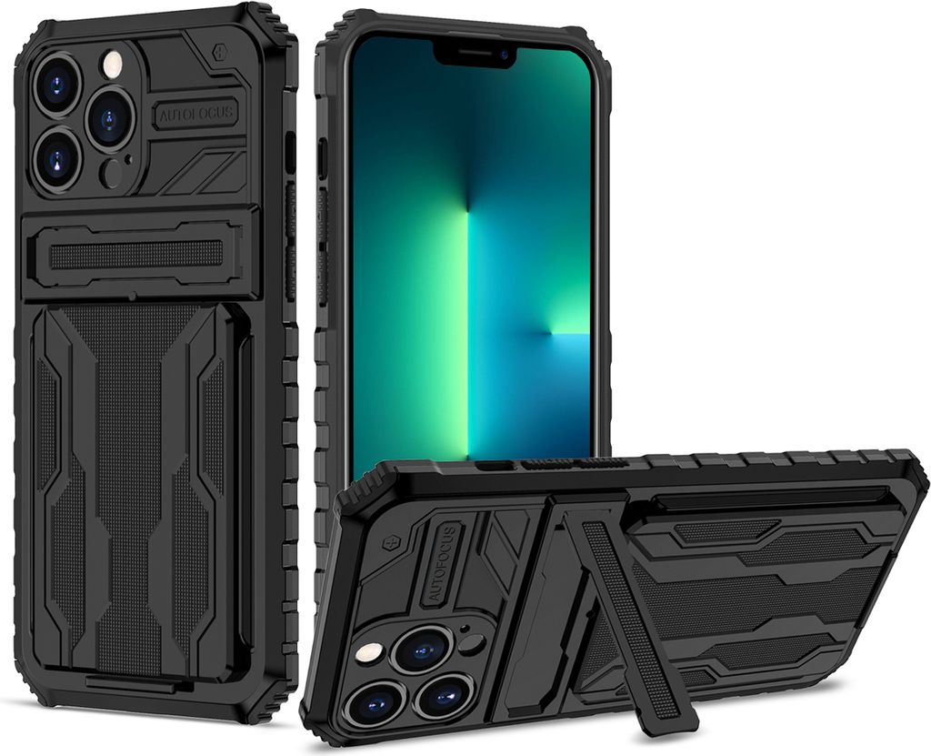 iPhone 13 Pro Hülle, Hybrid Robust Schutz Stoßfest Schutzhülle mit Kartenhalter Ständer für iPhone 13 Pro Schwarz