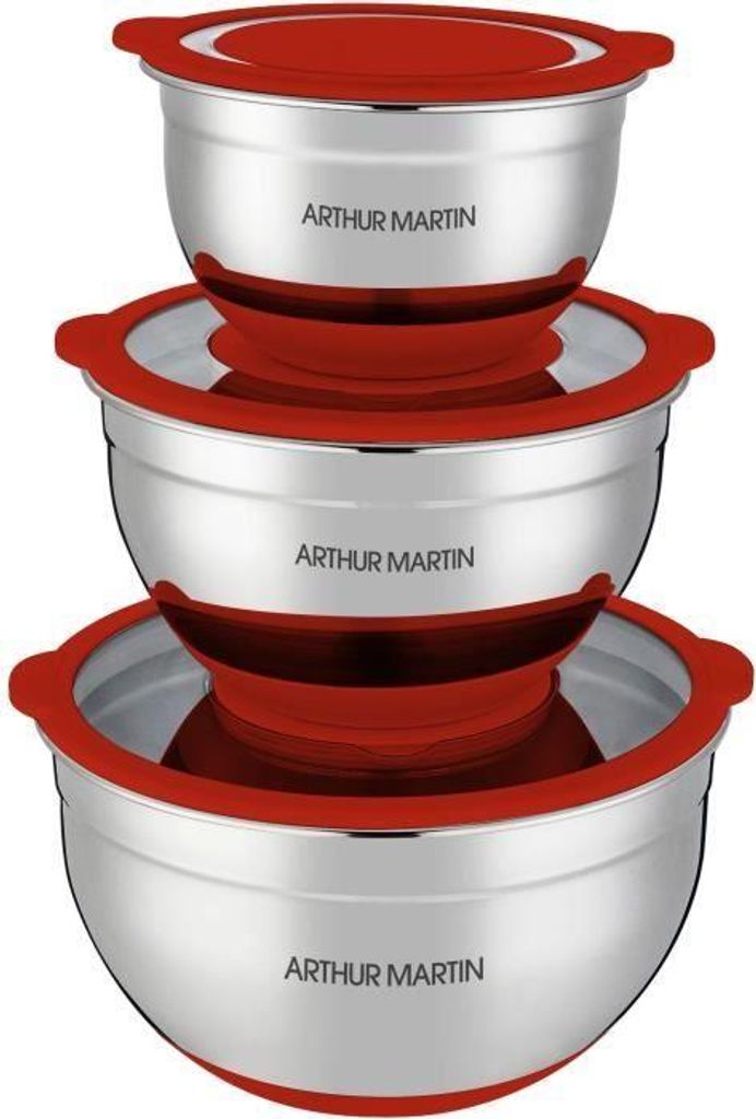 Salatschüssel Set ARTHUR MARTIN AM032, 3-teilig, 16-20-24 cm, Edelstahl, Silikonboden, Luftdichte Deckel