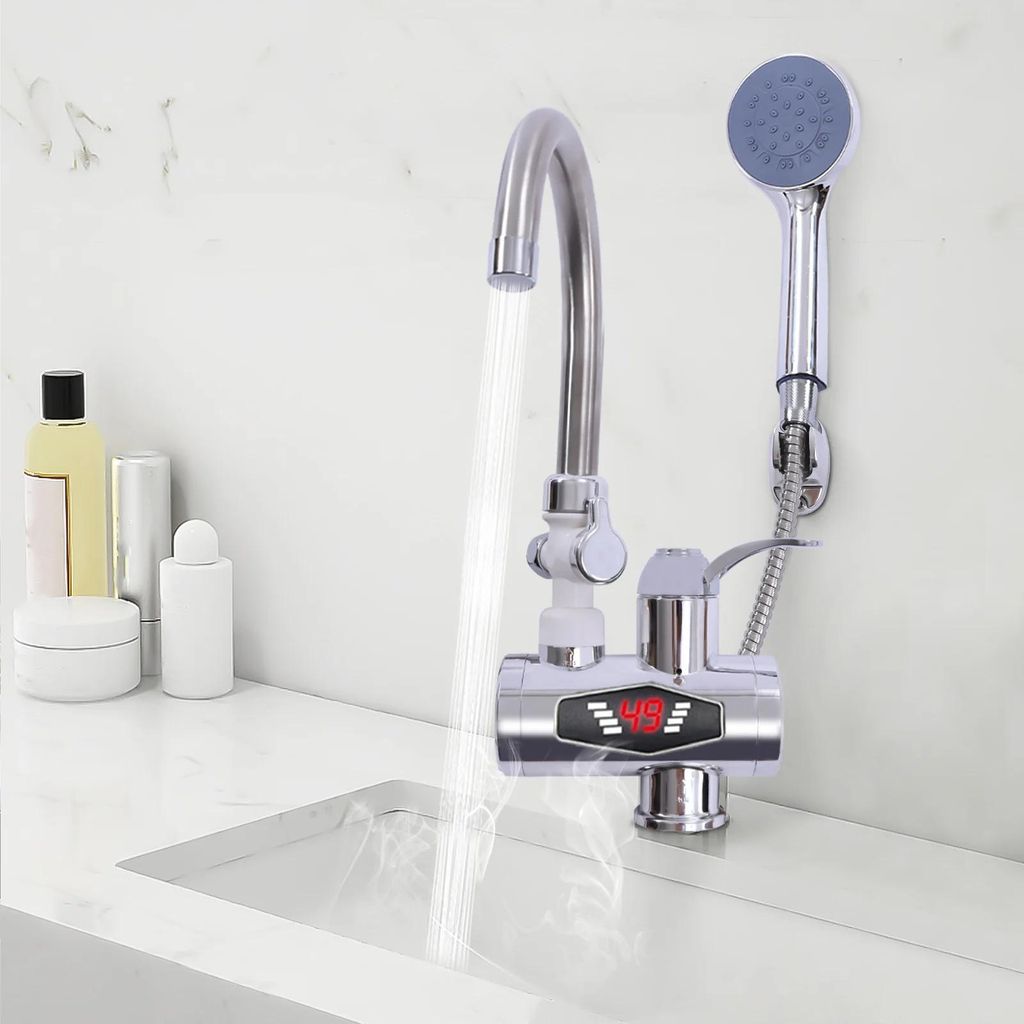 360° elektrischer Durchlauferhitzer-Wasserhahn mit Dusche, sofort heißes Wasser, für Bad & Küche, Gelb