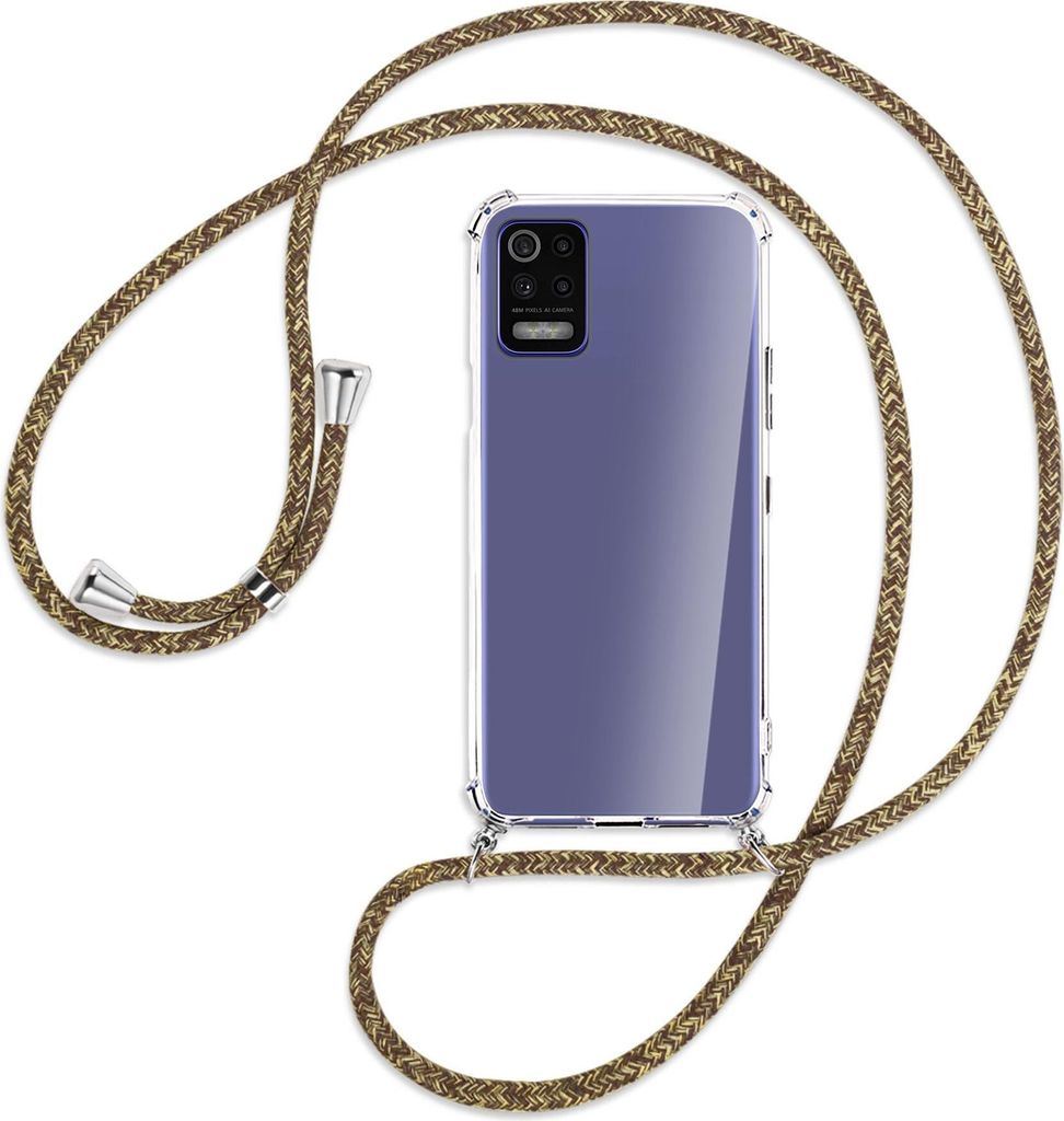 Handykette Backcover-Schutzhülle mit Band (Metall silberfarben) für LG K52 / K62 / Q52 - braun+beige