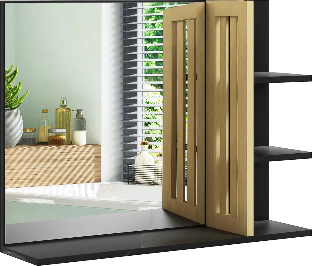 Armoire miroir de salle de bain en bois avec étagères ouvertes intégrées