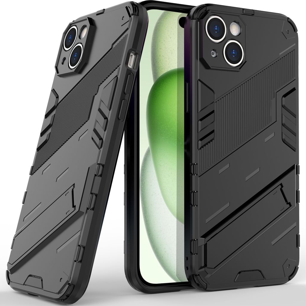 Armor Hülle für iPhone 15 Plus, Hybrid PC TPU Bumper Stoßfestes Schutzhülle mit Standfunktion Schwarz