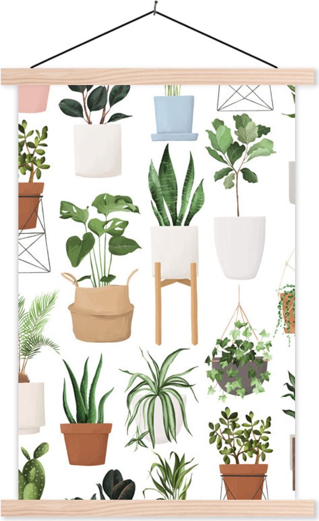 MuchoWow Textilposter Pflanzen - Blumentopf - Weiß 120x180 cm mit holzfarbenen Rahmen - Textil-Plakat