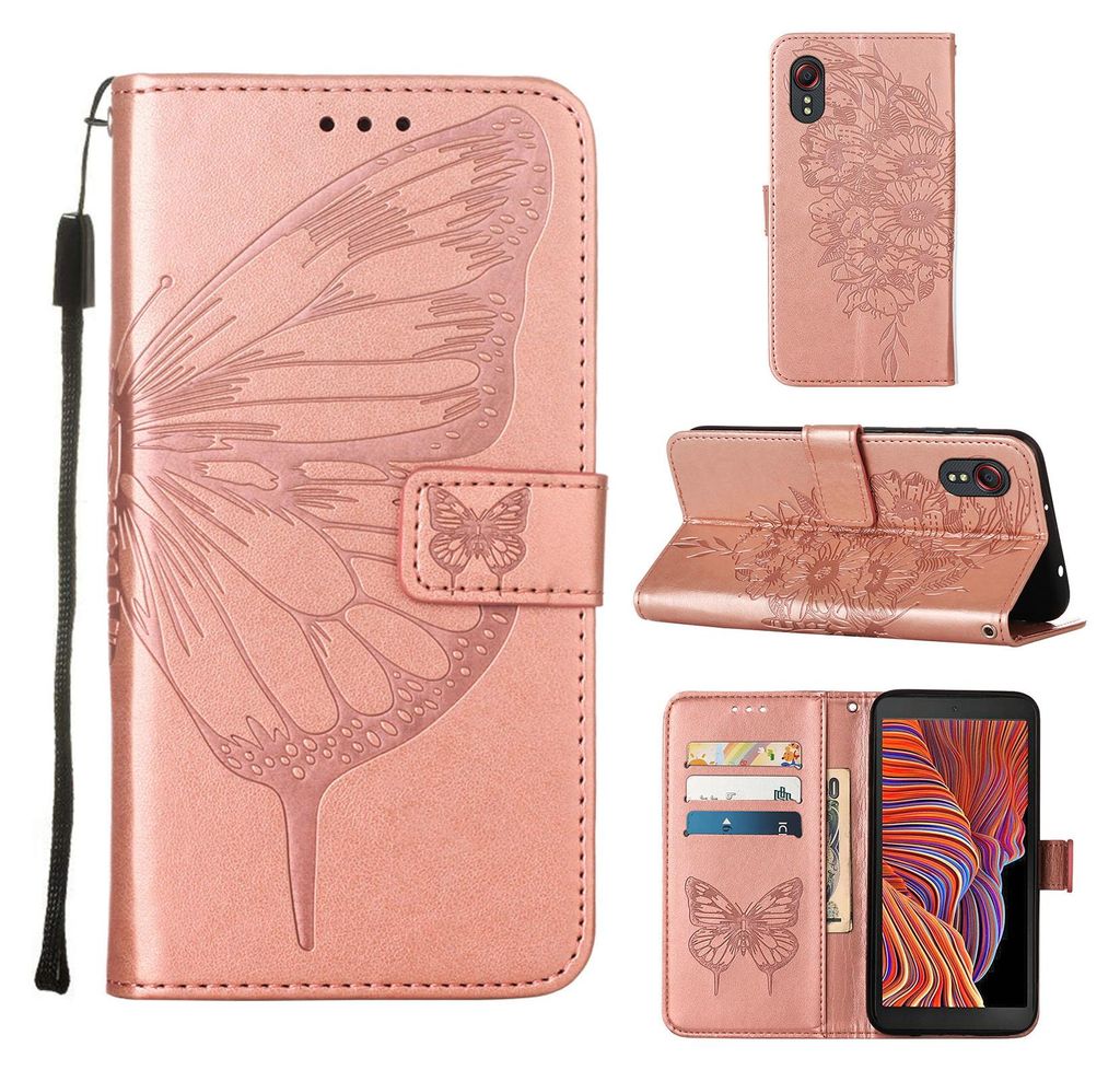 Galaxy X Cover 5 Hülle, Schmetterling Prägung Flip Leder Kartenfächer Schutzhülle Ledertasche mit Ständer für Samsung Galaxy X Cover 5 Roségold