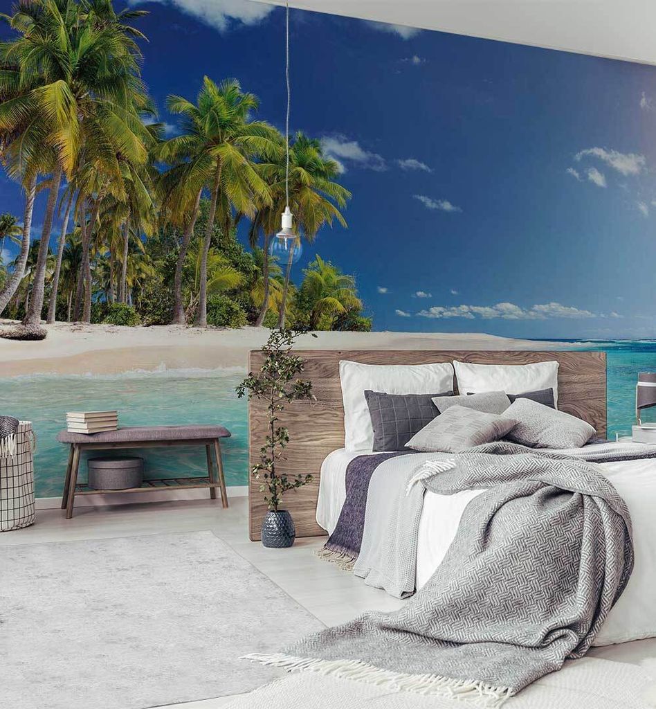 Fototapete Urlaubsort mit Palmen und Strand, Material:Superior Vlies 350g/qm, Größe Tapete:520 x 260cm