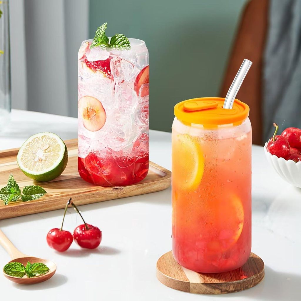 Glas-Trinkbecher mit Deckel und Strohhalm - Set von 4 - bunt - Borosilikatglas