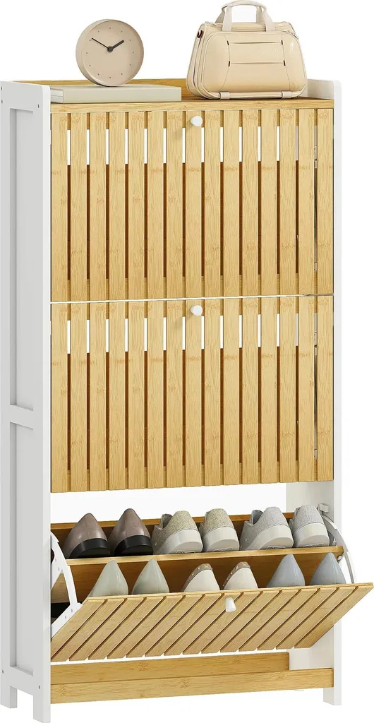 Armoire à chaussures en bambou blanc 3 portes 60x24x118 cm avec lamelles