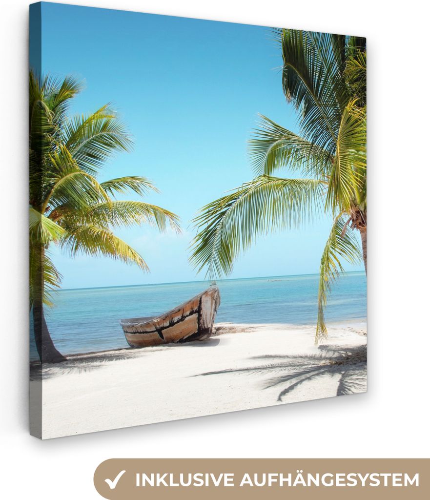 MuchoWow - Leinwandbilder - Palme - Boot - Strand, Wandbild, Wanddeko Bilder Wohnzimmer, 90x90 cm