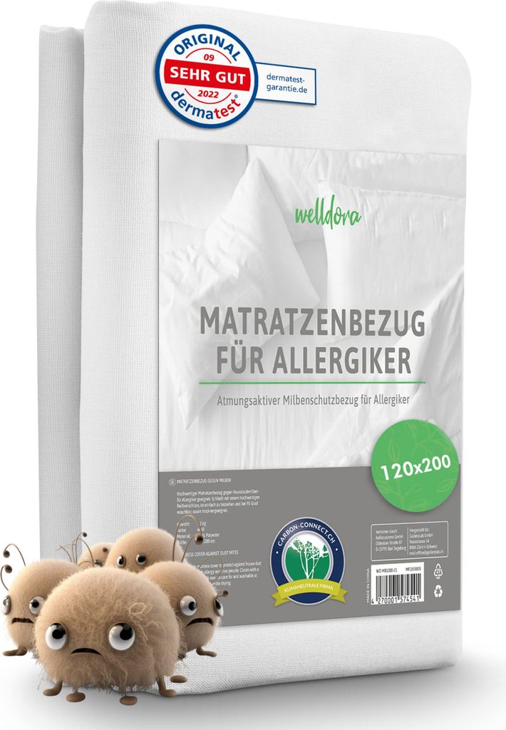 Product packaging for a mattress cover for allergy sufferers, with cartoon dust mites in the foreground.