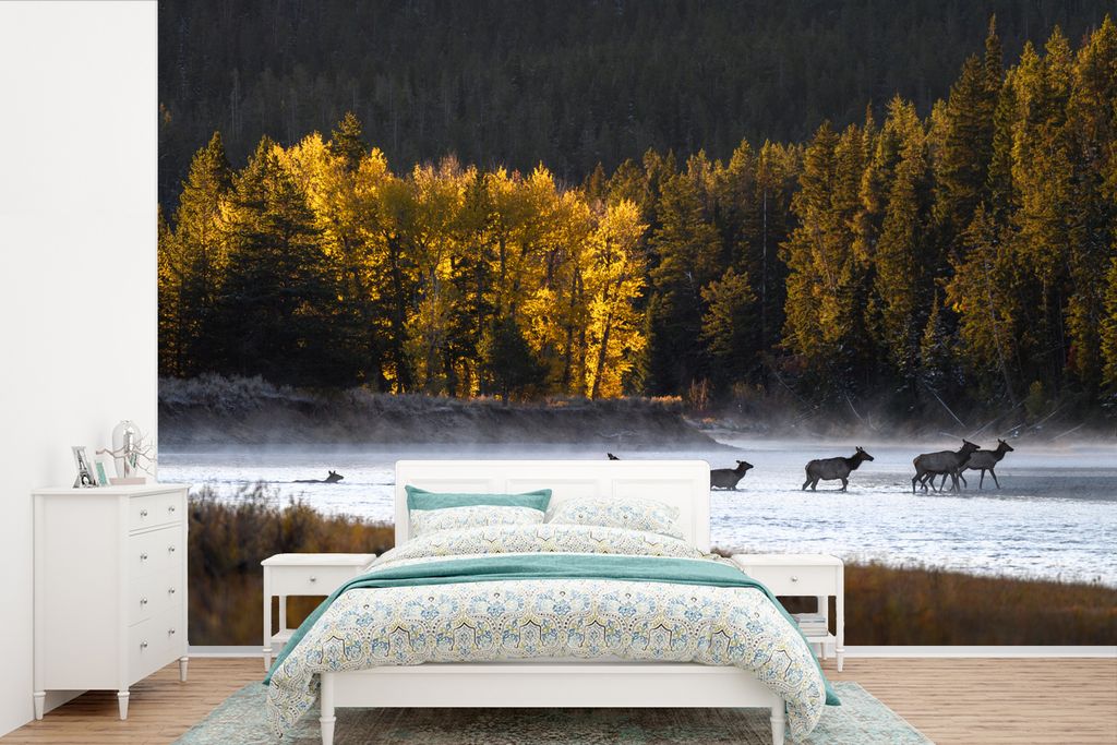 MuchoWow Fototapete für Wohnzimmer oder Schlafzimmer Wandtapete Vinyl Motivtapete Hirsch - Wald - Fluss - 330x220 cm - Fototapeten