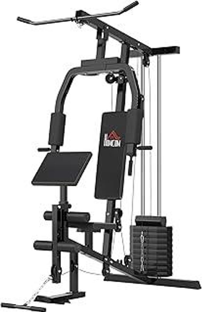 HOMCOM Kraftstation für Zuhause Fitnessstation mit Latzuggerät, Kabelzug, kurzer Bizepsstange, Brustpresse, Beintrainer, Butterfly-Maschine 45kg ...