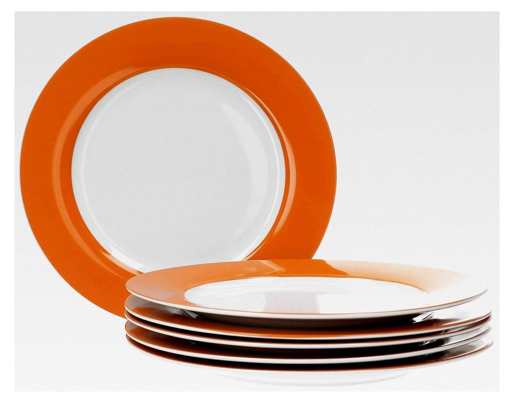 Speiseteller-Set 6-teilig - Tafel-Service für 6 Personen - flache Ess-Teller mit Ø 26,5 cm - Porzellan-Service weiß mit orangefarbenem Rand - mi...