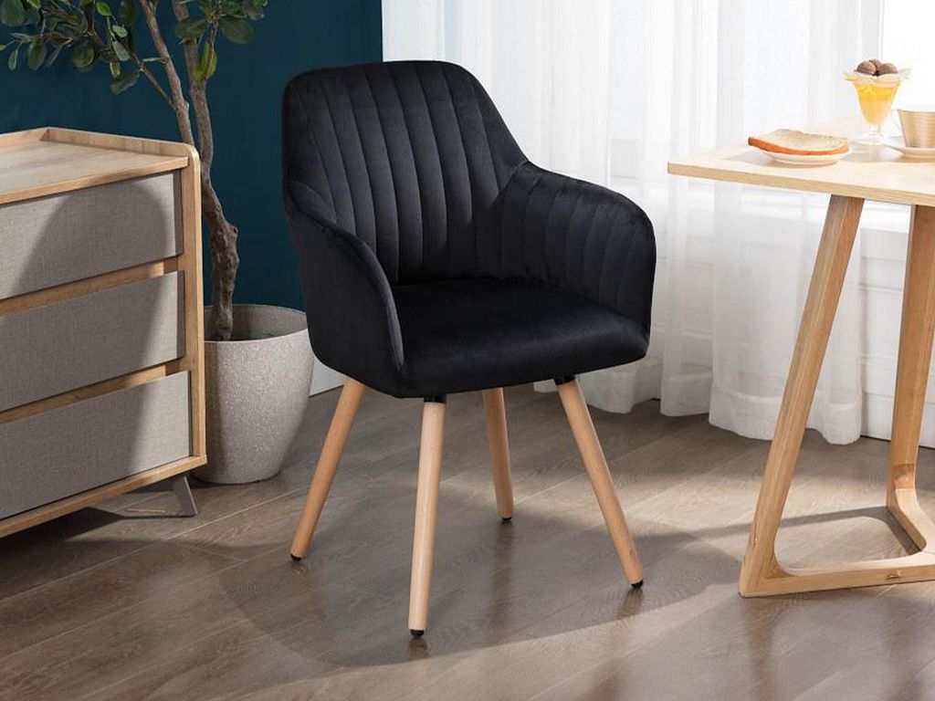 ELEANA Stuhl mit Armlehnen - Velours und Metall in Holzoptik - Farbe Grau