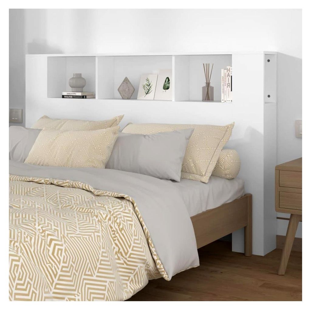 Kopfteilregal für das Schlafzimmer, Wandbett, Bücherregal, Bett, Rückwand, Weiß, 160 x 18,5 x 104,5 cm