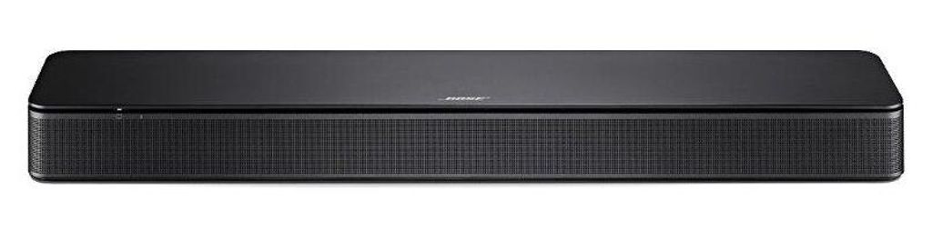 A black Bose soundbar is shown from the front against a white background.