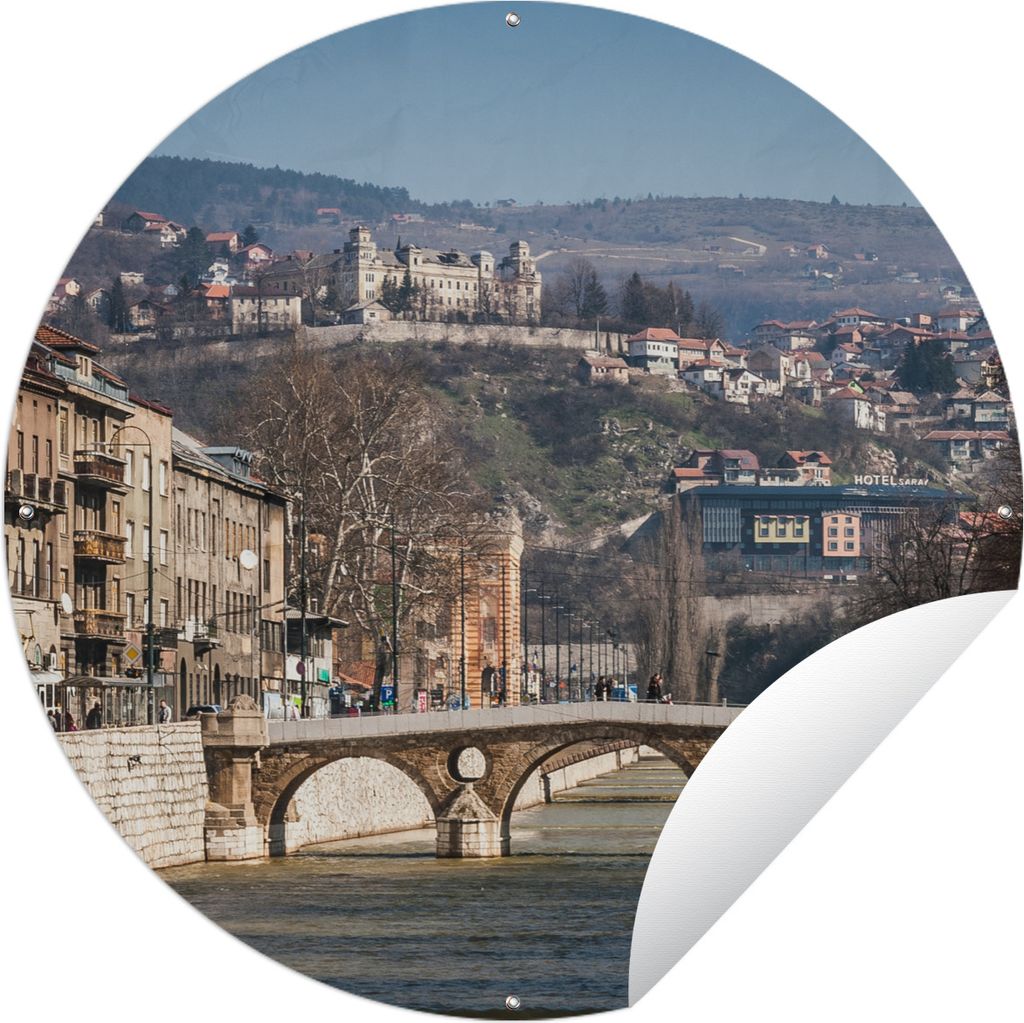 MuchoWow Gartenposter Outdoor-Poster Rund Brücke über den Fluss Miljacka in Sarajewo, Bosnien und Herzegowina Ø 120 cm Gartendeko Rundes Poste...