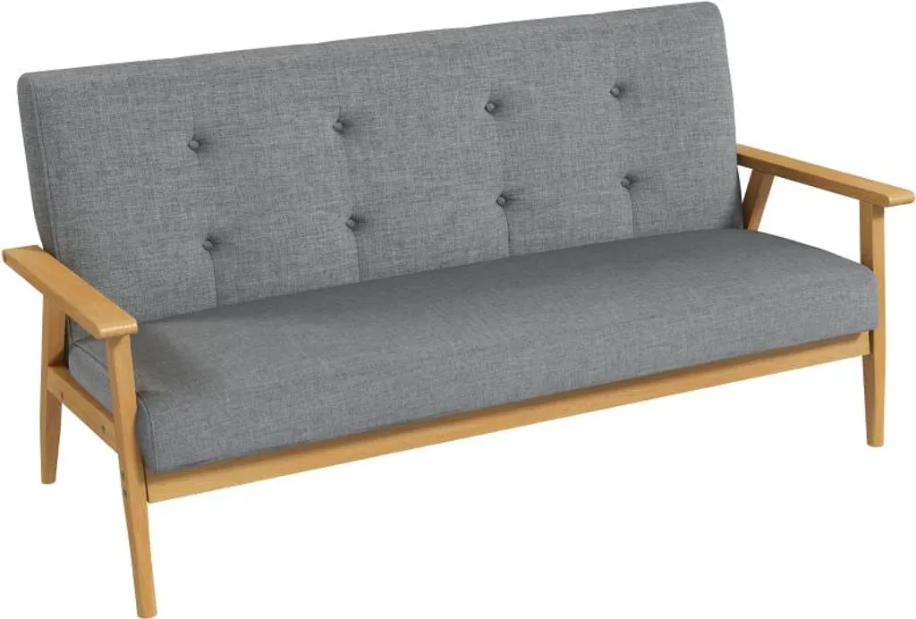 Canapé droit 3 places gris scandinave avec structure bois de caoutchouc