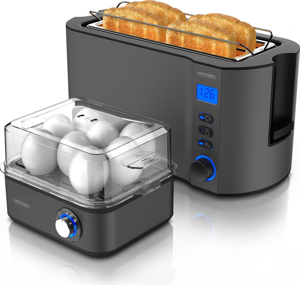 Arendo Frühstücks-Set, 8er Eierkocher + Langschlitz Toaster für 4 Scheiben, Grau