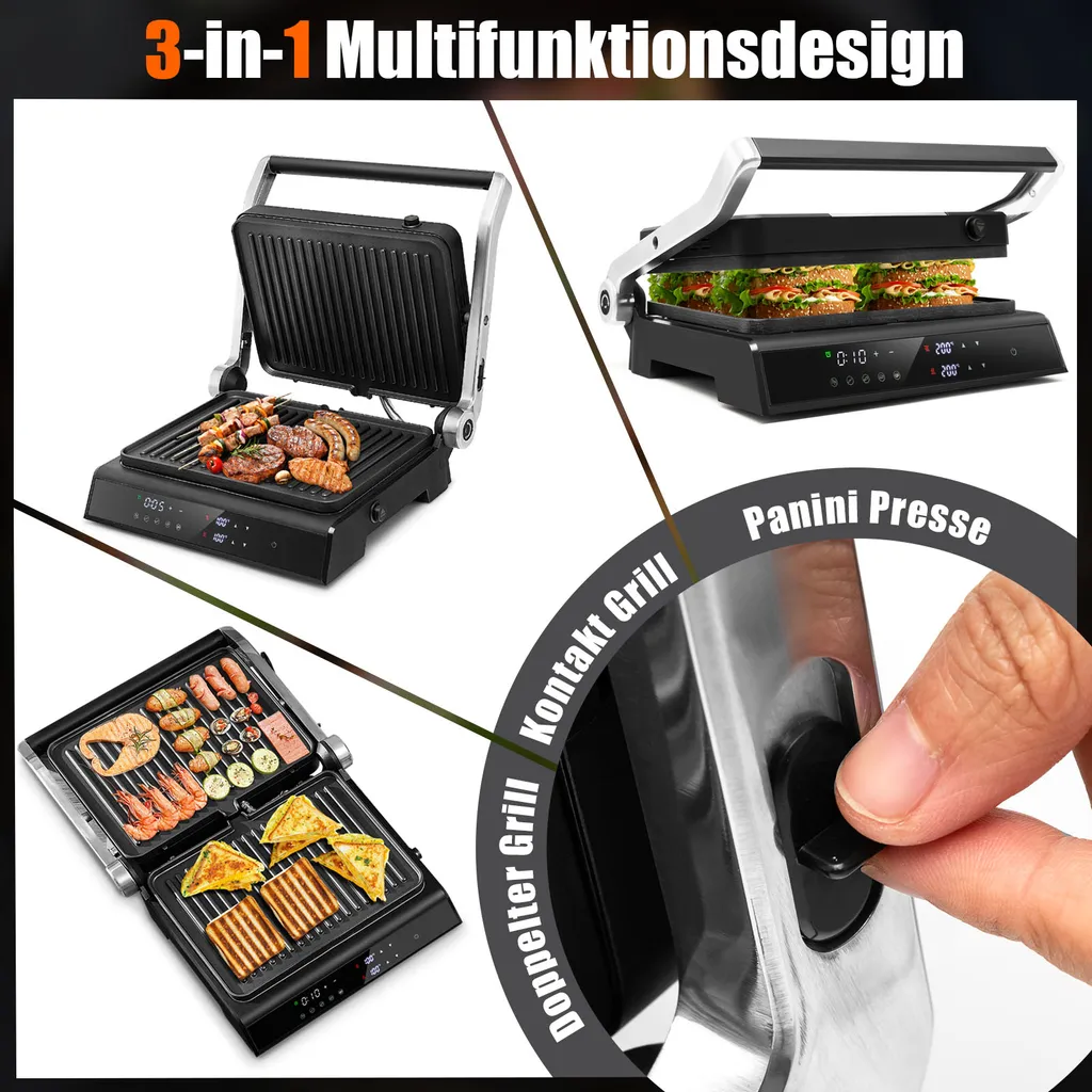 Appareil à Panini et Gril de Table Électrique avec 5 Modes de Cuisson