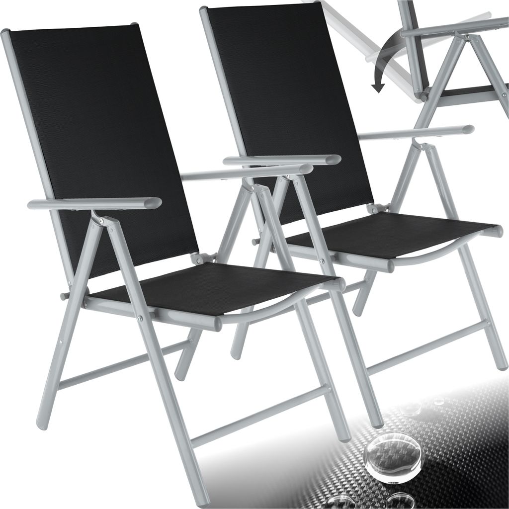 Two black folding garden chairs with silver frames are shown from the front.