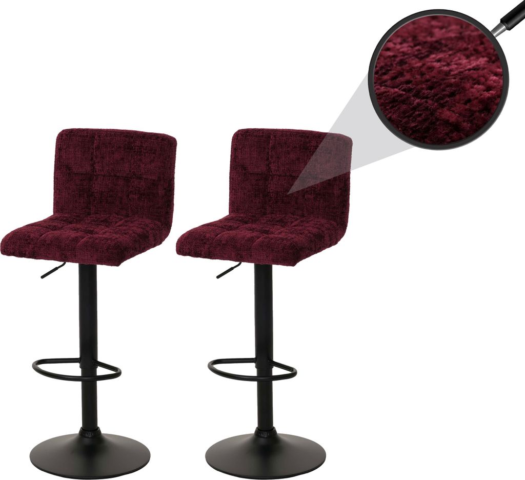 2er-Set Barhocker MCW-G87, Tresenhocker Barstuhl, höhenverstellbar drehbar, Stoff Chenille (465g/m²) MVG bordeaux