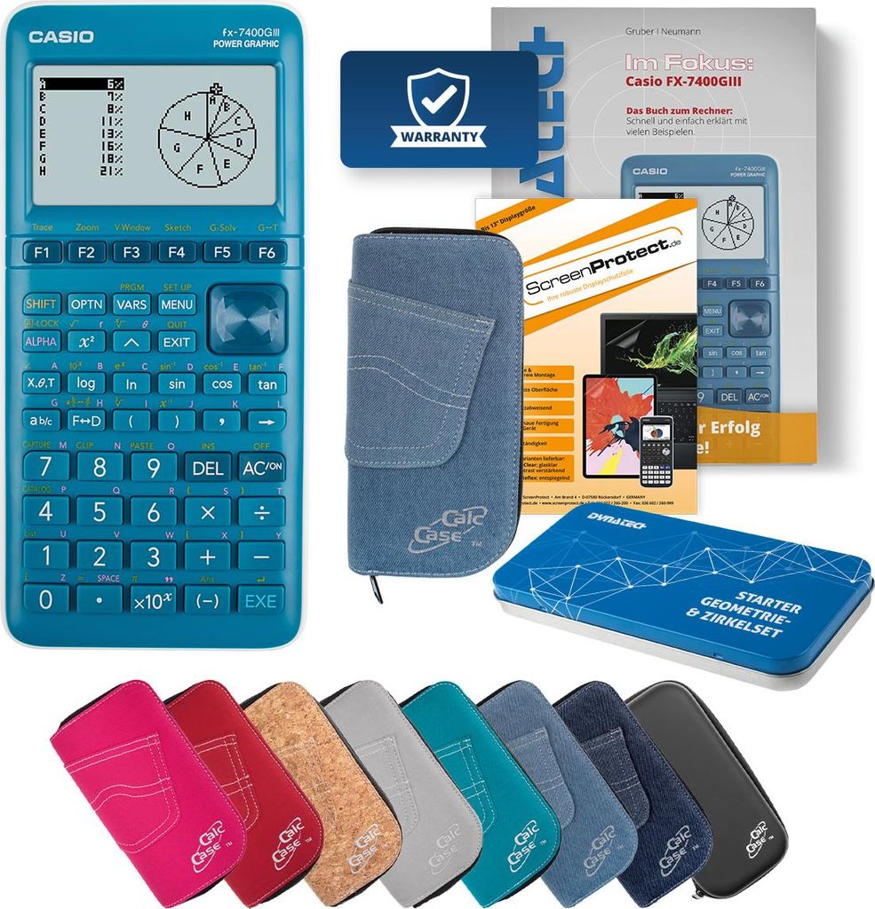 Casio FX-7400 G III Taschenrechner mit Tasche hellblau, Folie, Fachbuch, Zirkel Set