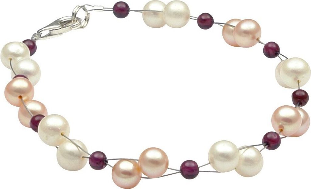 Armband aus Süßwasser-Zucht-Perlen & Granat & 925 Silber, dunkelrot rose-weiß Armschmuck Armkette