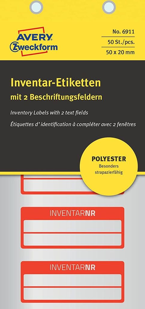 AVERY Zweckform 6911 Polyester Inventaretiketten (stark selbstklebend, strapazierbar, Kleinformat, 50x20 mm, 50 Aufkleber auf 10 Blatt) silber/rot