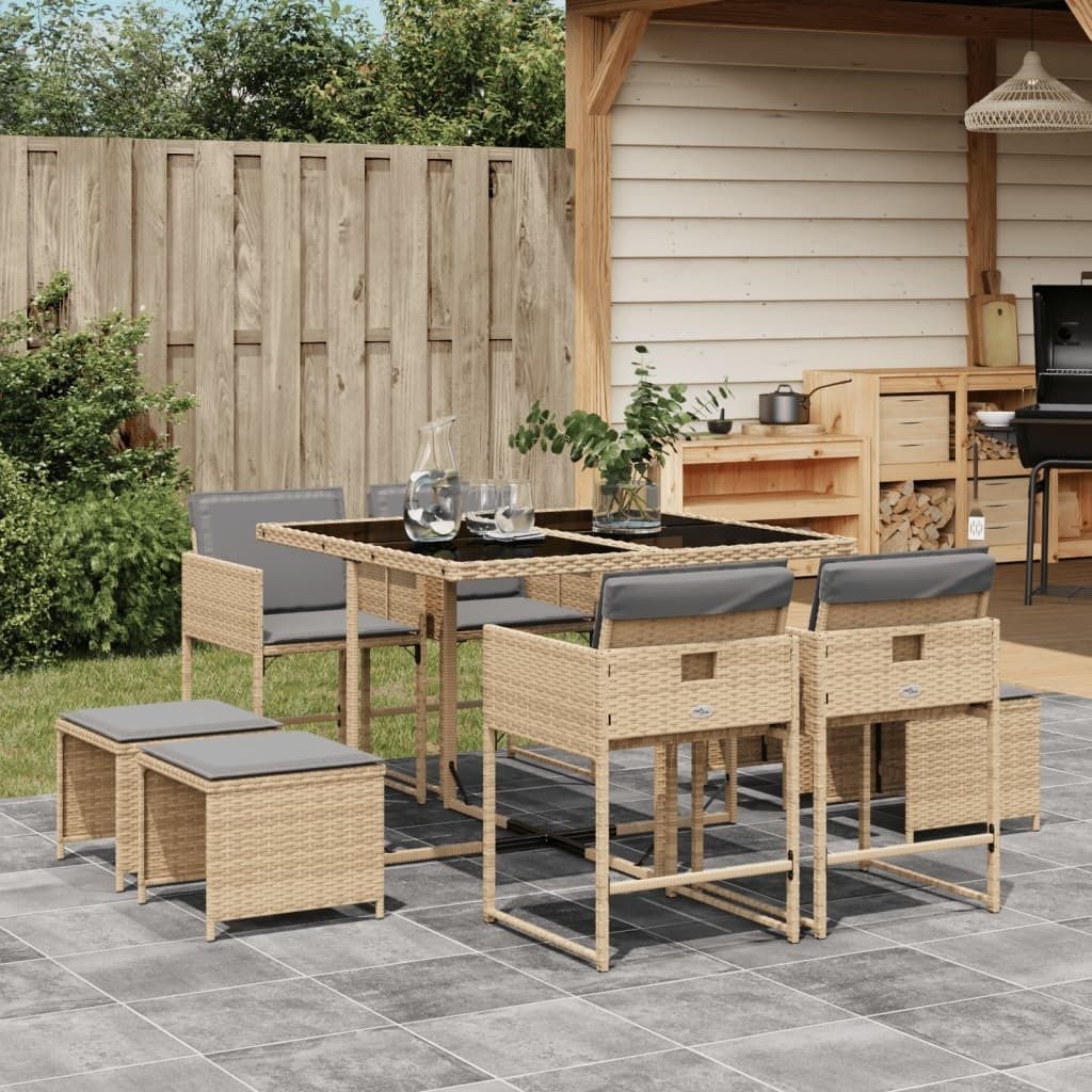 CLORIS 9-tlg. Garten-Essgruppe mit Kissen Beigemischung Poly Rattan - Gartenmöbelgarnituren LL0000255702