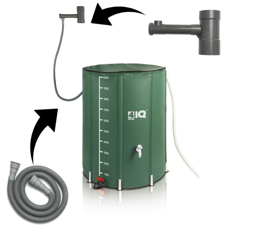 A green foldable water tank with accessories and arrows indicating connections.